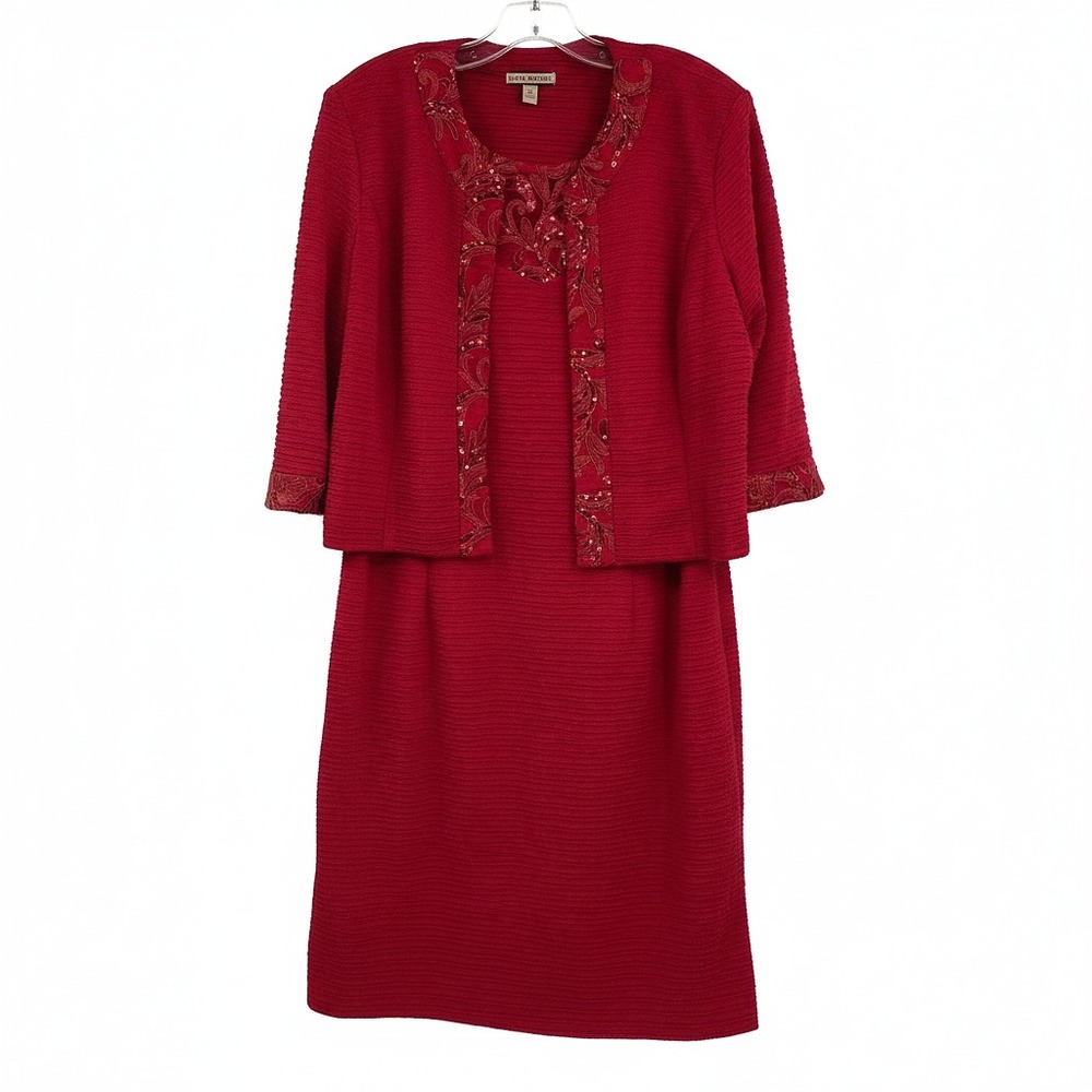 Maya Brooke Red Ruched Sequin Lace Midi Dress and Jacket Set | Women’s Plus 18
